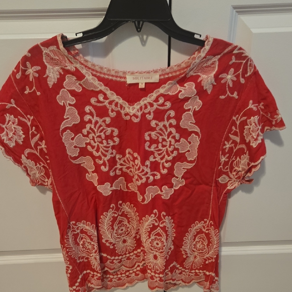 Solitaire Red Blouse with White Embroidery
